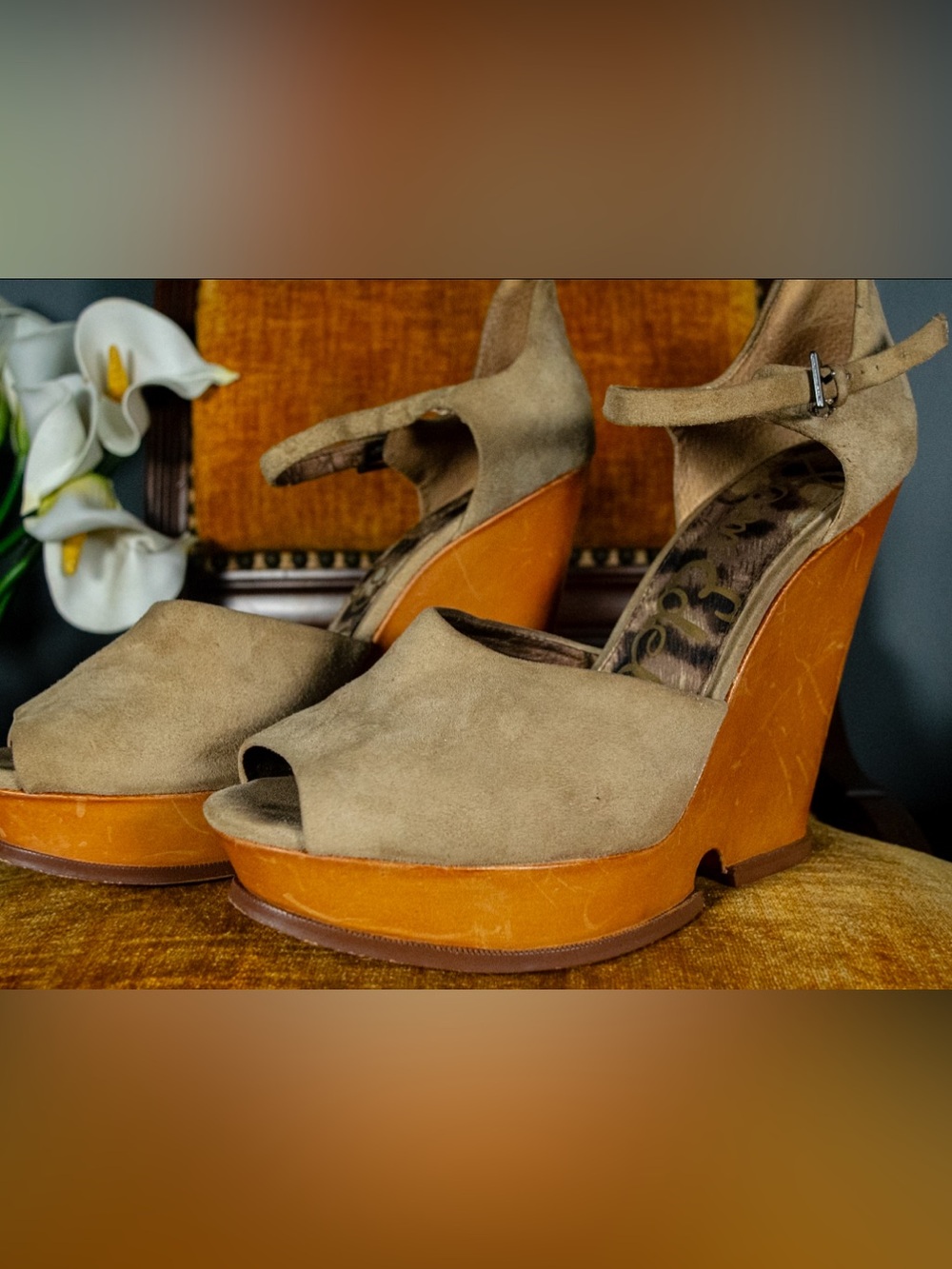 SIZE 12 Sam Edelman Taupe Suede Peep-Toe Wedge Heels